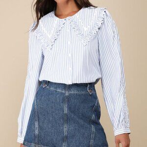 Lulus Perfectly Parisian Blue & White Striped Collared Long Sleeve Top - Size M